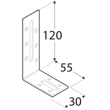 úhelník nastaviteľný 120x55x30mm, 2,0mm, pozink, diery 5mm-10ks, díry 6,5/58,5mm-1ks, 8,5/21,5mm-1ks