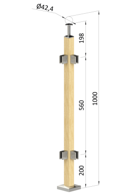 Dřevěný sloup, vrchní kotvení, výplň: sklo, rohový: 90°, vrch pevný (40x40mm), materiál: buk, broušený povrch s nátěrem BORI (bezbarvý)