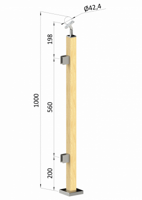 Dřevěný sloup, vrchní kotvení, výplň: sklo, levý, vrch nastavitelný (40x40mm), materiál: buk, broušený povrch s nátěrem BORI (bezbarvý)