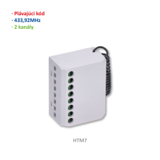 TM7000 - zabudovatelná řídicí jednotka s přijímačem pro trubkové pohony, 2-kanálový, plovoucí kód (433.92 MHz), paměť na 30 kódů, rozměr: 45x30x20 mm