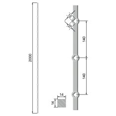 Probíjená tyč délky 2000 mm, opískovaná, profil 14 x 14 mm, rozteč děr 140 mm, oko 14,5 x 14,5 mm, na tyči je 14 děr