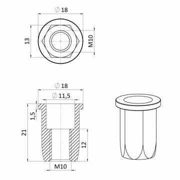 Nitovacia matica M10/0.5-4.5/ plochá hlava, hex, L=20mm, nerez