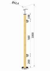 Dřevěný sloup, vrchní kotvení, výplň: sklo, pravý, vrch pevný (ø 42mm), materiál: buk, broušený povrch bez nátěru