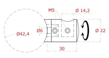 Držák tyče ø 14 mm (koncový-levý) na trubku ø 42.4 mm (30x22 mm), broušená nerez K320 / AISI304
