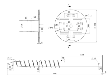 Zemní šroub/zemní vrut - stavební - žárový pozink, 1250mm