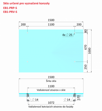 Transparentní ESG / VSG sklo, rozměr 1500x1000mm, tloušťka: 12.76mm s fólií a výřezy na držáky EB1-PRJ, průměr díry ø25mm