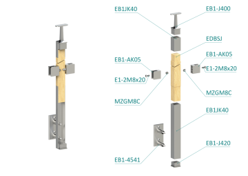Dřevěný sloup, boční kotvení, výplň: sklo, průchozí, vrch pevný (40x40mm), materiál: buk, broušený povrch bez nátěru