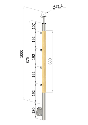 Dřevěný sloup, boční kotvení, 4 řadový, průchozí, vnitřní, vrch pevný (ø 42mm), materiál: buk, broušený povrch s nátěrem BORI (bezbarvý)