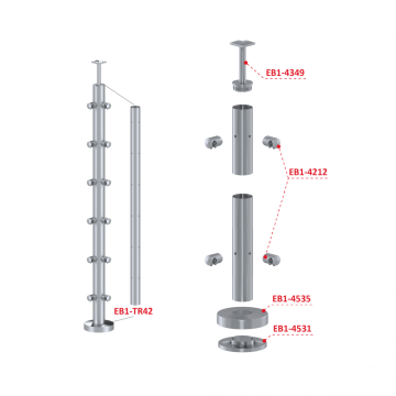 Nerezový sloup, vrchní kotvení, 6 řadový, rohový: 90°, vrch pevný (ø 42.4x2mm), broušená nerez K320 /AISI304