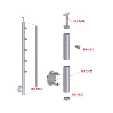 Nerezový sloup, boční kotvení, 5 řadový průchodný, venkovní, vrch pevný (ø 42,4x2 mm), broušená nerez K320 / AISI304