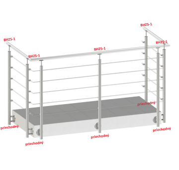 Nerezový sloup, boční kotvení, 5 řadový průchodný, vnitřní, vrch pevný (ø 42,4x2 mm), broušená nerez K320 / AISI304