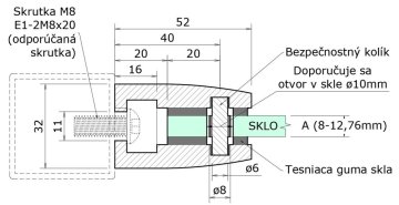 Svorka skla plochá (52x52x32 mm), broušená nerez K320 / AISI304, balení neobsahuje gumičky na sklo