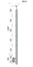 Nerezový sloup, boční kotvení, 4 děrový koncový, levý, vrch pevný (ø 42,4x2 mm), leštěná nerez / AISI304