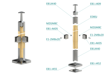Dřevěný sloup, vrchní kotvení, výplň: sklo, rohový, vrch pevný (40x40mm), materiál: buk, broušený povrch s nátěrem BORI (bezbarvý)