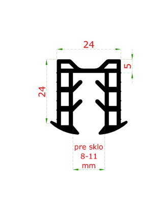 Gumové těsnění pro nerezové a hliníkové madlo s drážkou 24x24mm, pro sklo 8.00-11,0mm (cena za 1 bm)