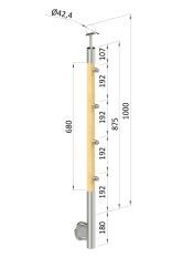 Dřevěný sloup, boční kotvení, 4 řadový, průchozí, vnější, vrch pevný (ø 42mm), materiál: buk, broušený povrch s nátěrem BORI (bezbarvý)