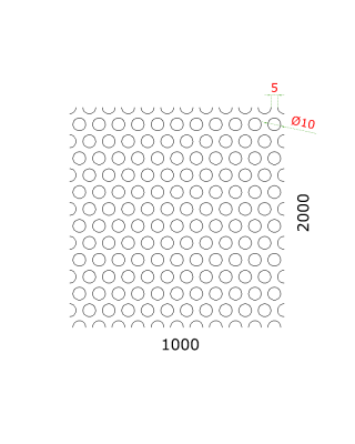 Děrovaný plech kruhový přesazený Zn, otvor: ø 10 mm, rozteč: 15 mm, (1000x2000x1 mm)