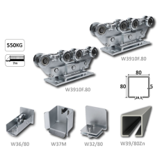 Samonosný systém 80x80x5 mm pro posuvné brány do 400 kg / 7 m otvor (W39/80Zn 6 m pozinkovaný profil, 2x W3910F.80, 1x W36/80, 1x W37M, 1x W32/80)