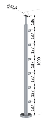 Nerezový sloup, vrchní kotvení, 6 řadový, průchodný, vrch pevný, (ø42,4x2 mm), broušená nerez K320 / AISI304