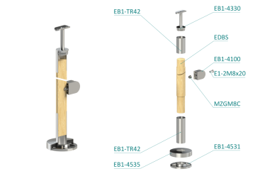 Dřevěný sloup, vrchní kotvení, výplň: sklo, pravý, vrch pevný (ø 42mm), materiál: buk, broušený povrch s nátěrem BORI (bezbarvý)