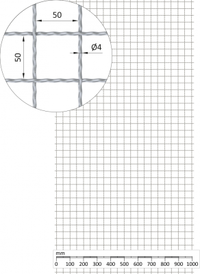 Žebírkové pletené síto - rovné, oko: 50x50mm, průměr pletiva ø4mm, rozměr 1000x2000mm, materiál: Nerez /AISI 304