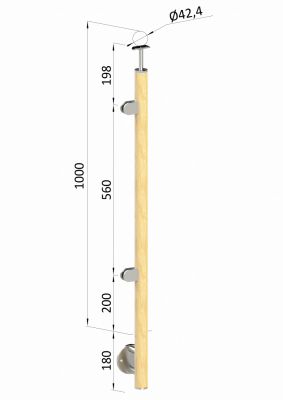 Dřevěný sloup, boční kotvení, výplň: sklo, levý, vrch pevný (ø 42mm), materiál: buk, broušený povrch bez nátěru