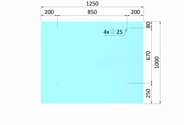 Transparentní ESG / VSG sklo, rozměr 1250x1000mm, tloušťka: 12.76mm s fólií a výřezy na držáky EB1-PRJ, průměr díry ø25mm