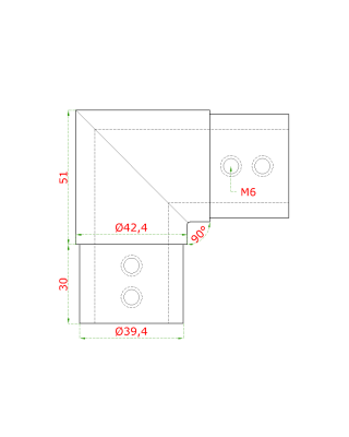 Spojka - koleno 90° (ø42,4x1,5 mm) na madlo EB1-HM42, lepený spoj, broušená nerez K320 / AISI304