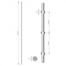 Probíjená tyč délky 2000 mm, opískovaná, profil ø14 mm, rozteč děr 140 mm, oko ø15 mm, na tyči je 14 děr
