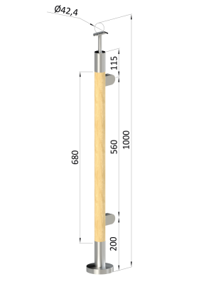 Dřevěný sloup, vrchní kotvení, výplň: sklo, pravý, vrch pevný (ø 42mm), materiál: buk, broušený povrch s nátěrem BORI (bezbarvý)