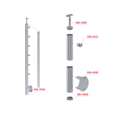 Nerezový sloup, boční kotvení, 6 řadový průchozí, vnitřní, vrch pevný, (ø 42.4x2mm) broušená nerez K320 /AISI304