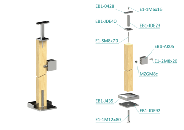 Dřevěný sloup, vrchní kotvení, výplň: sklo, pravý, vrch pevný (40x40mm), materiál: buk, broušený povrch s nátěrem, BORI (bezbarvý)