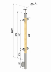 Dřevěný sloup, boční kotvení, výplň: sklo, průchozí, vrch pevný (ø 42mm), materiál: buk, broušený povrch s nátěrem BORI (bezbarvý)