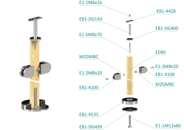 Dřevěný sloup, vrchní kotvení, výplň: sklo, průchozí, vrch pevný (ø42 mm), materiál: buk, boušený povrch s nátěrom BORI (bezbarvý)