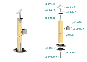 Dřevěný sloup, vrchní kotvení, výplň: sklo, pravý, vrch nastavitelný (40x40mm), materiál: buk, broušený povrch s nátěrem BORI (bezbarvý)