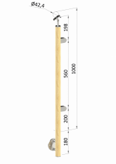 Dřevěný sloup, boční kotvení, výplň: sklo, pravý, vrch nastavitelný (ø 42mm), materiál: buk, broušený povrch s nátěrem BORI (bezbarvý)