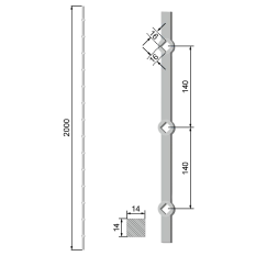 Probíjená tyč délky 2000 mm, opískovaná, profil 14 x 14 mm, rozteč děr 140 mm, oko 14,5 x 14,5 mm, na tyči je 14 děr