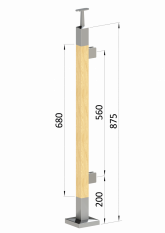 Dřevěný sloup, vrchní kotvení, výplň: sklo, pravý, vrch pevný (40x40 mm), materiál: buk, broušený povrch bez nátěru