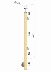 Dřevěný sloup, boční kotvení, výplň: sklo, pravý, vrch pevný (ø 42mm), materiál: buk, broušený povrch s nátěrem BORI (bezbarvý)