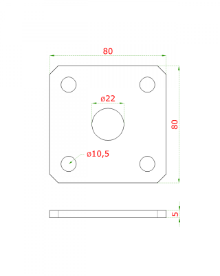 Kotevní deska navařovací k nastavitelným pantům (80x80x5 mm), otvor ø 22 mm, broušená nerez / AISI304