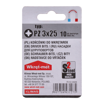 10 dílny blister bitů PZ3, délka 25mm