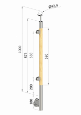 Dřevěný sloup, boční kotvení, výplň: sklo, levý, vrch pevný (ø 42mm), materiál: buk, broušený povrch s nátěrem BORI (bezbarvý)