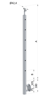 Nerezový sloup, boční kotvení, 6 děrový průchozí, vrch stavitelný (ø 42.4x2mm), leštěná nerez /AISI304