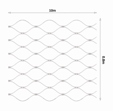 Nerezová lanková síť, 0,8m x 10m (šxd), oko 50x50 mm, tloušťka lanka 2mm, AISI316, síť neni ukončena okami pro provlečení lanka (V nerozloženém stavu má síť 11,64m)