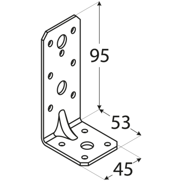 úhelník s prolisem 95x53x45mm, 2,5mm, pozink, díry průměr 5mm-11ks, 11mm-3ks