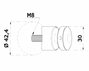 Svorka bodová (ø 30 mm / M8) na sklo 6-12 mm na trubku ø 42,4 mm, leštěná nerez / AISI304, balení obsahuje gumičky na sklo