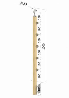 Dřevěný sloup, boční kotvení, 5 řadový, průchozí, vnitřní, vrch nastavitelný (40x40mm), materiál: buk, broušený povrch bez nátěru