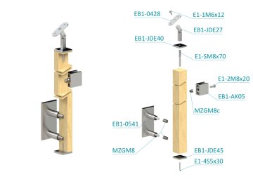 Dřevěný sloup, boční kotvení, výplň: sklo, koncový, pravý, vrch nastavitelný (40x40mm), materiál: buk, broušený povrch bez nátěru