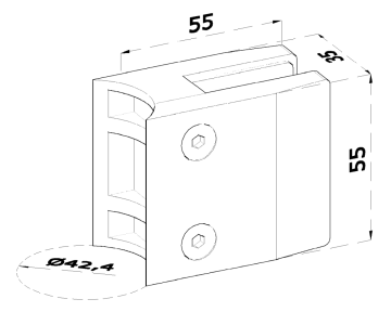 DOPRODEJ! Svorka skla s podložkou na trubku ø 42.4 mm (55x55x35 mm), broušená nerez K320 / AISI304, balení neobsahuje gumičky na sklo