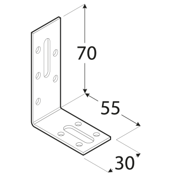 úhelník nastaviteľný 70x55x30mm, 2,0mm, pozink, diery 5mm-9ks, díry 6,5/23mm-1ks, 8,5/21,5mm-1ks